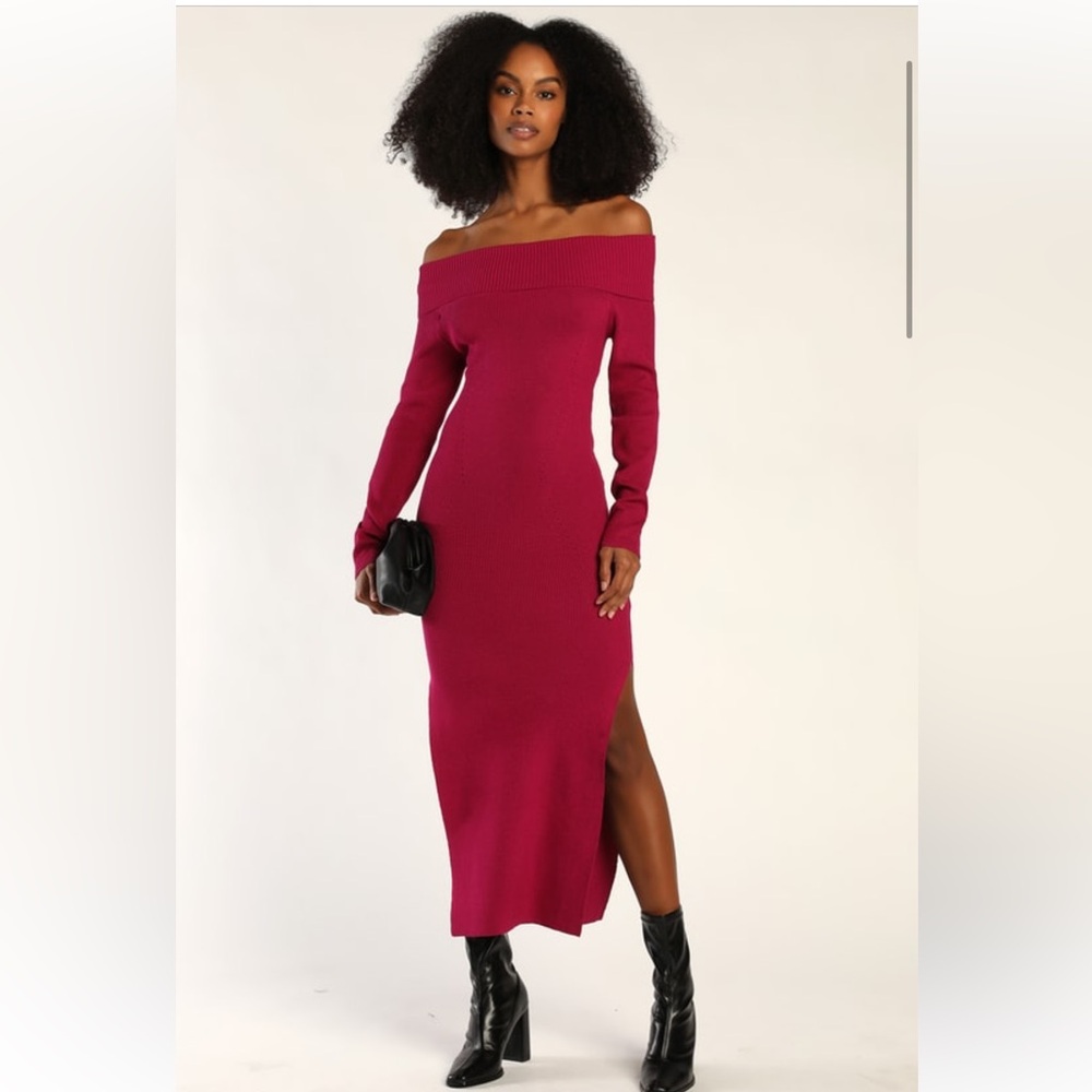 Good For Me Magenta Ribbed Off-The-Shoulder Maxi Sweater Dress